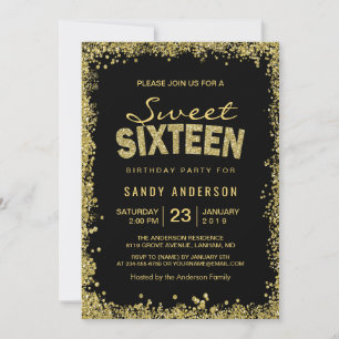 Gold Glitter Confetti   Sweet 16 Sixteen Birthday Invitation