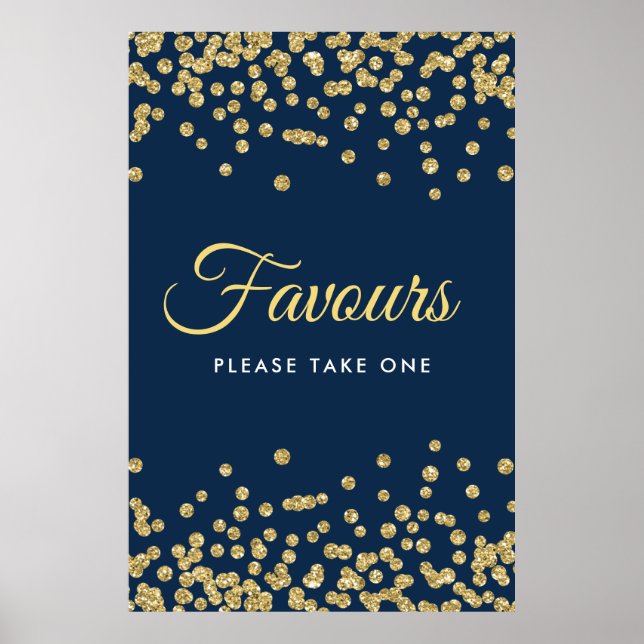 Gold Glitter Confetti Wedding Favours Navy Poster (Front)
