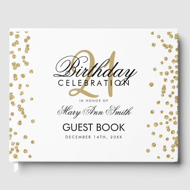 Gold Glitter Confetti White 21st Birthday Party Guest Book (Front)
