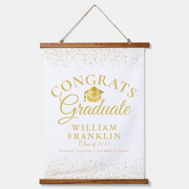 Gold Glitter Congrats Graduate Graduation Hanging Tapestry (Front)