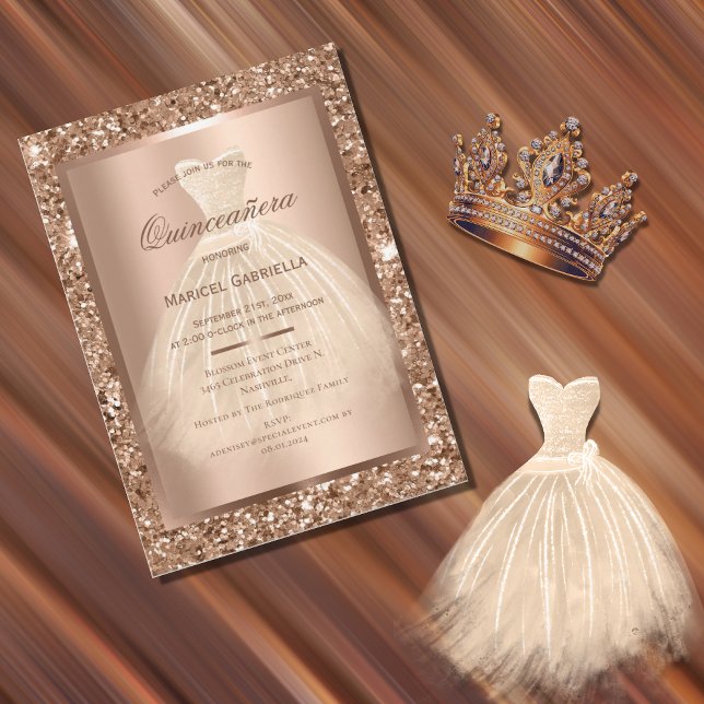 Gold Glitter Copper Elegant Dress Quinceañera Invitation (Creator Uploaded)