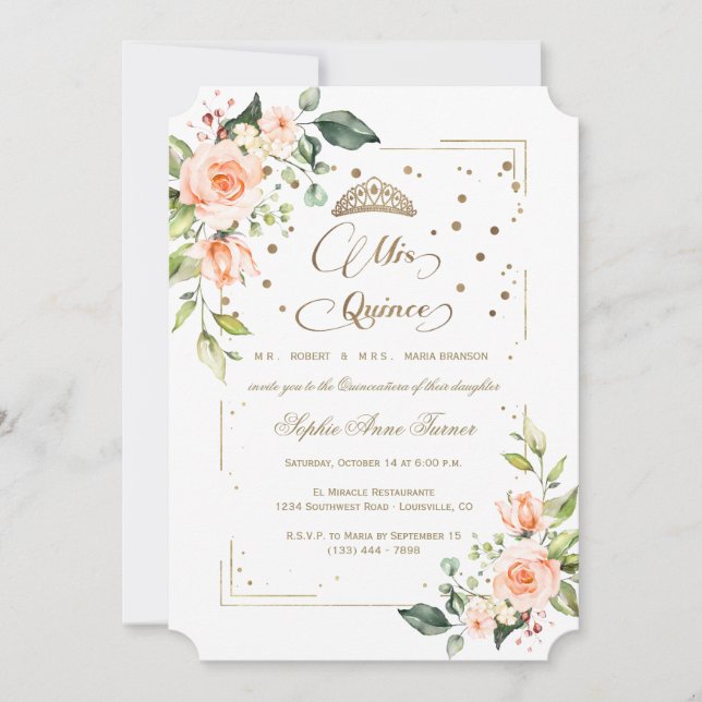 Gold Glitter Coral Floral Mis Quince Quinceañera Invitation (Front)