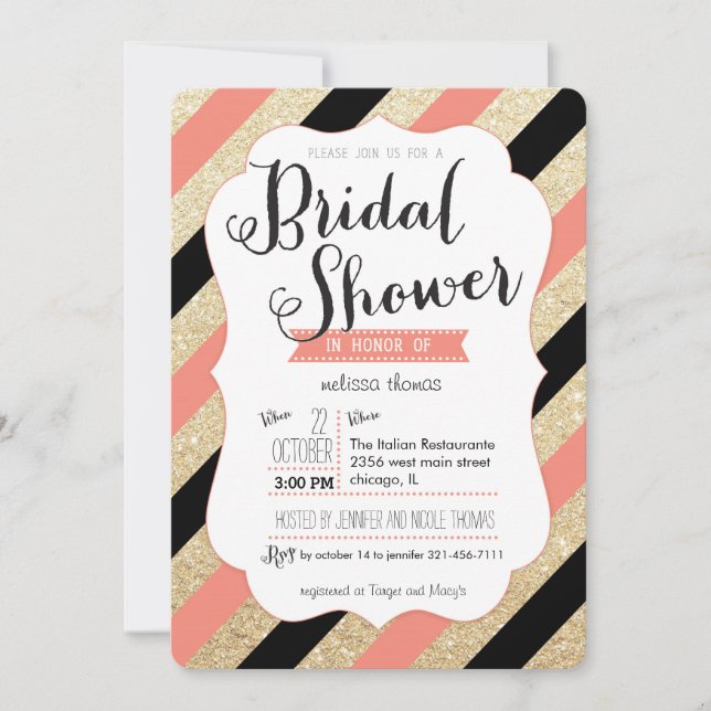 Gold Glitter & Coral Stripes Bridal Shower Invite (Front)