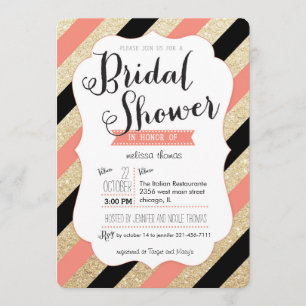 Gold Glitter & Coral Stripes Bridal Shower Invite