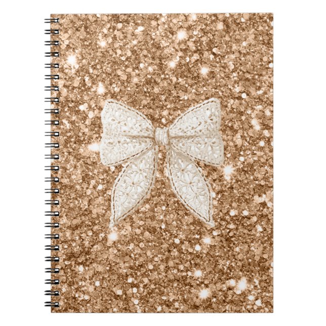 Gold Glitter Cream Faux Lace Bow Notebook (Front)