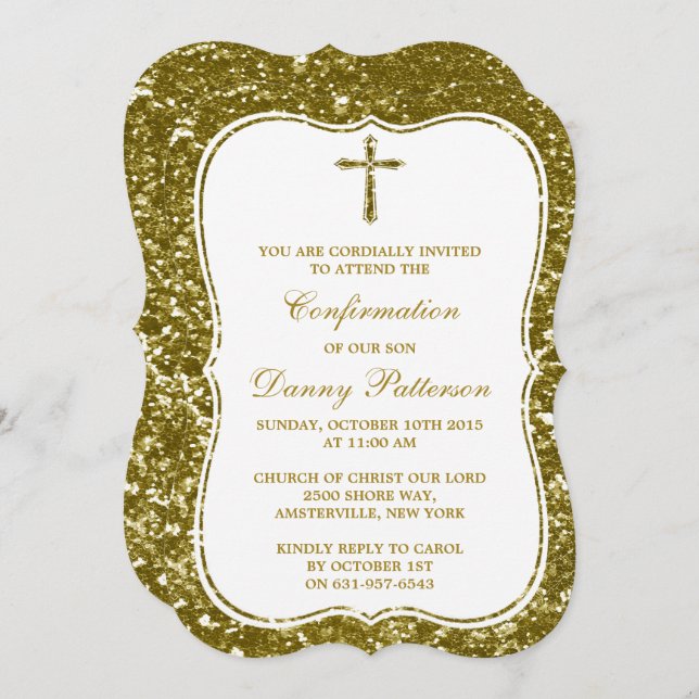 Gold Glitter Cross Holy Communion Or Confirmation Invitation (Front/Back)