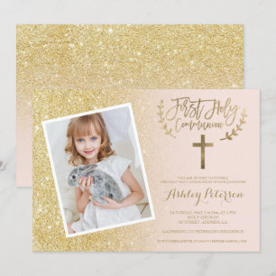 Gold glitter cross pink photo First Holy Communion Invitation