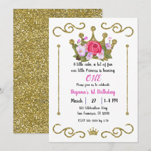 Gold Glitter Crown Floral 1 ONE 1st Birthday Party Invitation