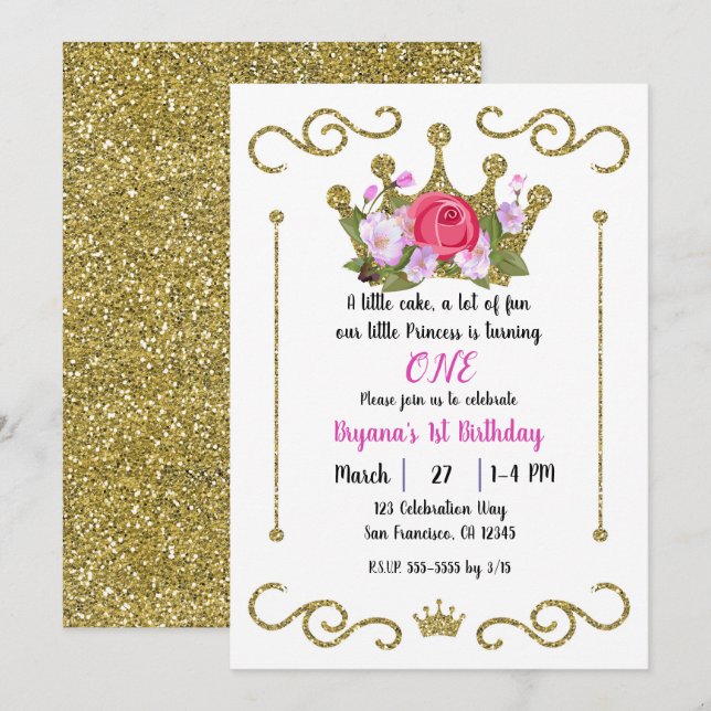 Gold Glitter Crown Floral 1 ONE 1st Birthday Party Invitation (Front/Back)