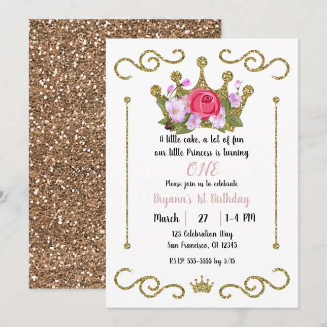 Gold Glitter Crown Floral 1 ONE 1st Birthday Party Invitation (Front/Back)