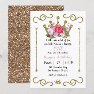 Gold Glitter Crown Floral 1 ONE 1st Birthday Party Invitation