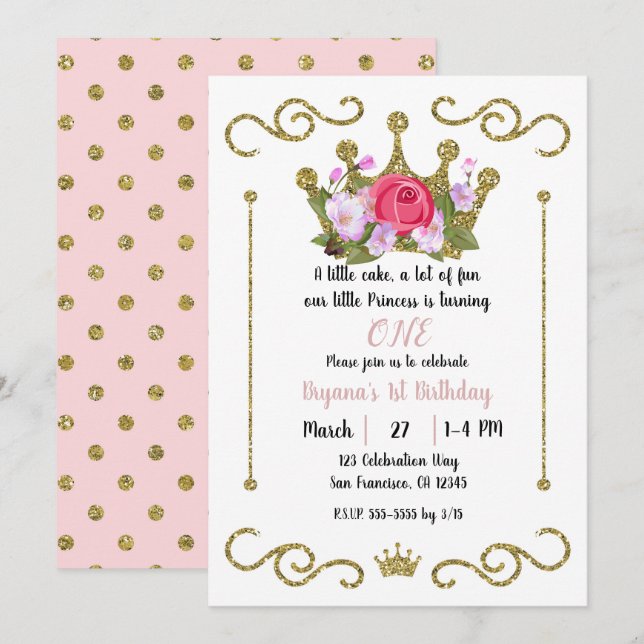Gold Glitter Crown Floral Dots 1 ONE 1st Birthday Invitation (Front/Back)