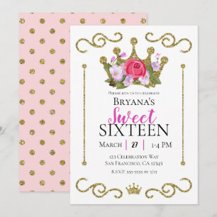 Gold Glitter Crown Floral Dots Sweet 16 Party Invitation