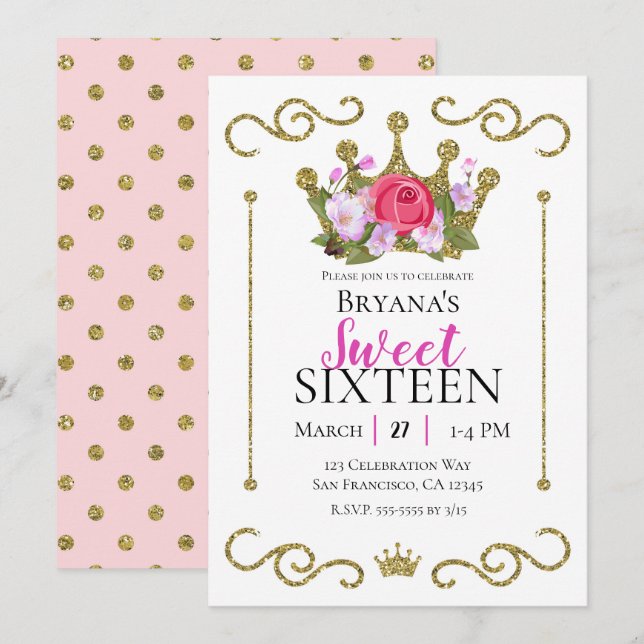 Gold Glitter Crown Floral Dots Sweet 16 Party Invitation (Front/Back)