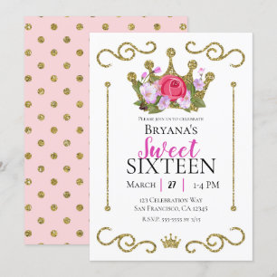 Gold Glitter Crown Floral Dots Sweet 16 Party Invitation