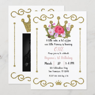 Gold Glitter Crown Floral Photo 1st Birthday Party Invitation