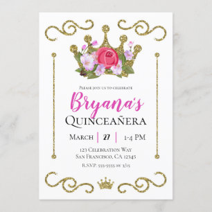 Gold Glitter Crown Floral Photo Quinceñera Party Invitation