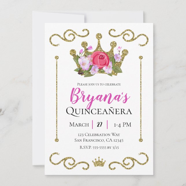Gold Glitter Crown Floral Photo Quinceñera Party Invitation (Front)