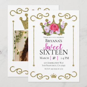 Gold Glitter Crown Floral Photo Sweet 16 Party Invitation