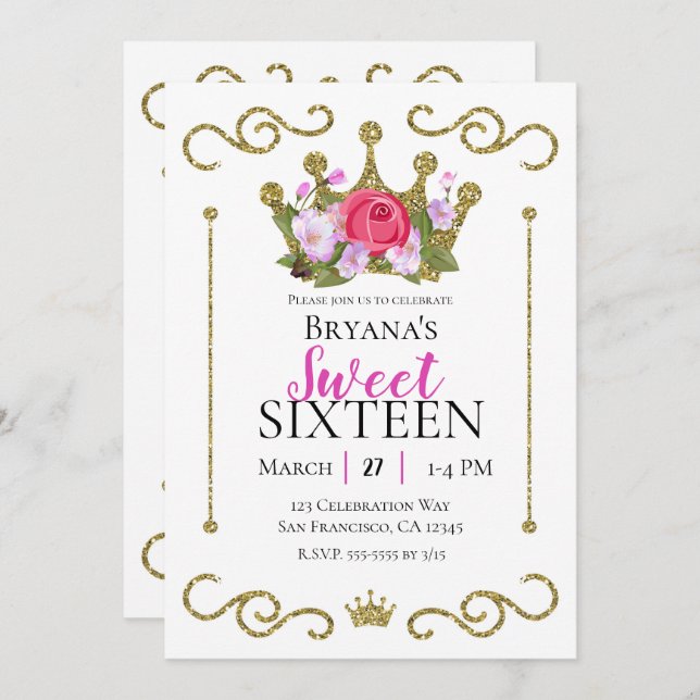 Gold Glitter Crown Floral Photo Sweet 16 Party Invitation (Front/Back)