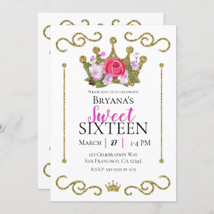 Gold Glitter Crown Floral Photo Sweet 16 Party Invitation