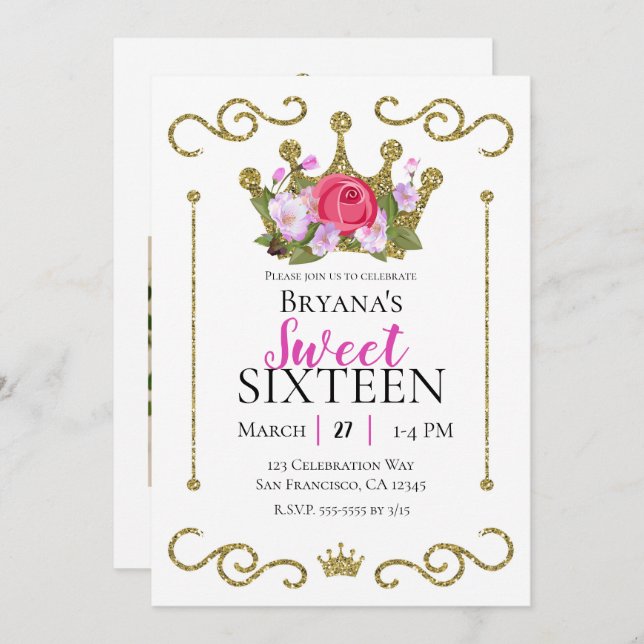 Gold Glitter Crown Floral Photo Sweet 16 Party Invitation (Front/Back)