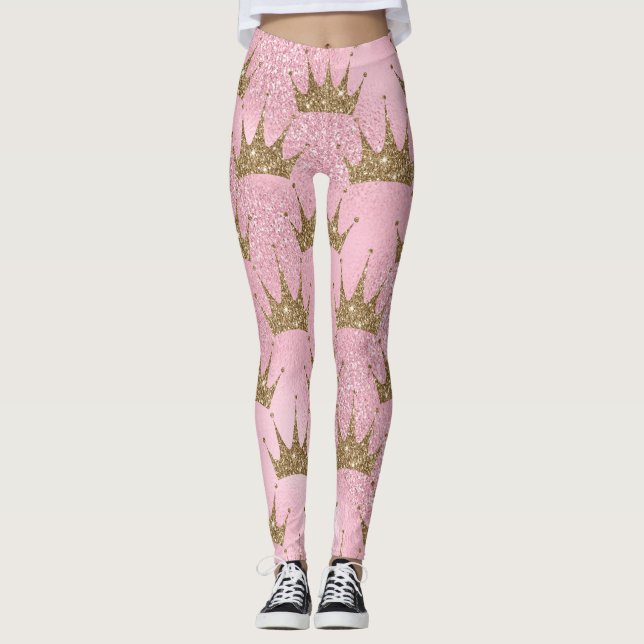 Gold Glitter Crowns With A Pink Glitter Background Leggings (Front)