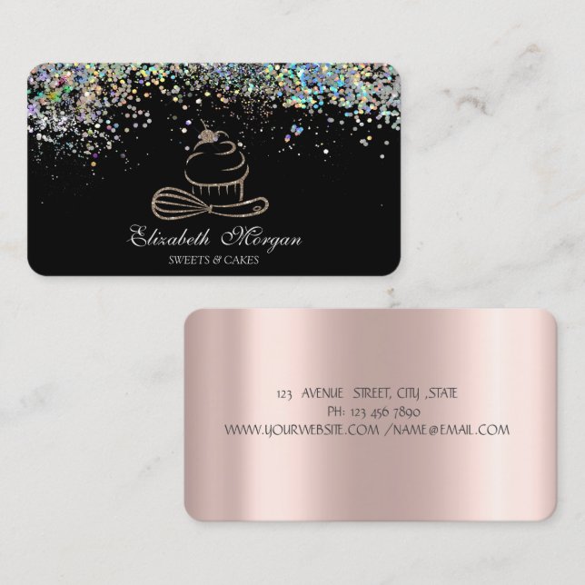 Gold Glitter Cupcake Colourful Confetti, Black  Business Card (Front/Back)