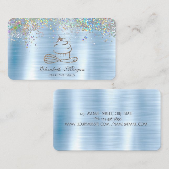 Gold Glitter Cupcake Confetti, Metallic Blue Business Card (Front/Back)