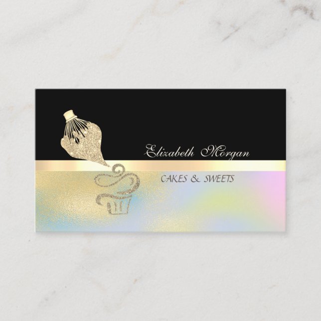 Gold Glitter Cupcake Piping Bag Black Colorful Business Card (Front)