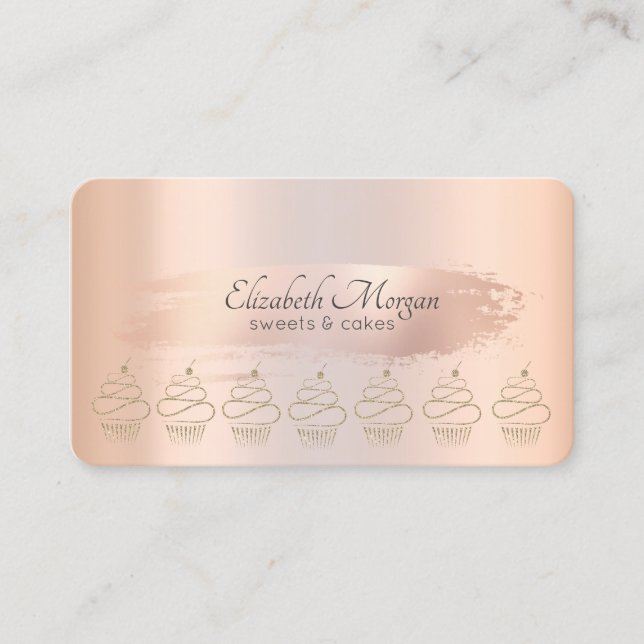 Gold Glitter Cupcakes Brush Stroke  Business Card (Front)