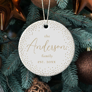 Gold Glitter Custom Family Name Script Christmas Ceramic Tree Decoration