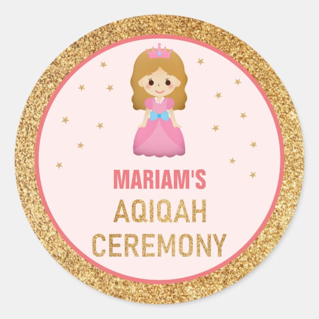 Gold Glitter Cute Little Princess Aqiqah Classic Round Sticker (Front)