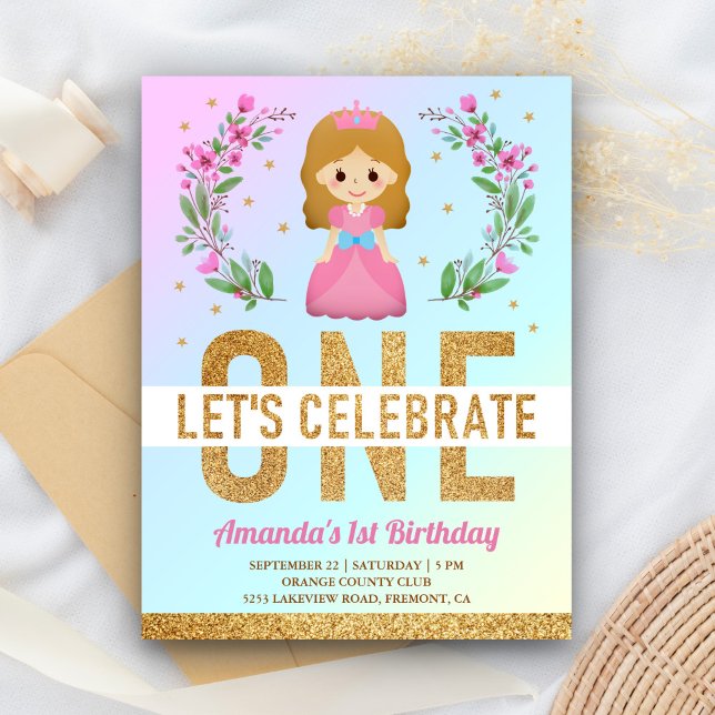Gold Glitter Cute Pink Princess 1st Birthday Party Invitation Postcard (Creator Uploaded)