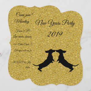 Gold Glitter Dachshund New Year Party Invitation
