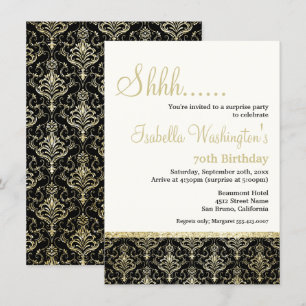 Gold Glitter Damask 70th Surprise Birthday Party Invitation