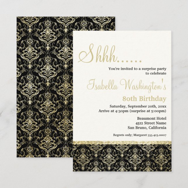Gold Glitter Damask 80th Surprise Birthday Party Invitation (Front/Back)