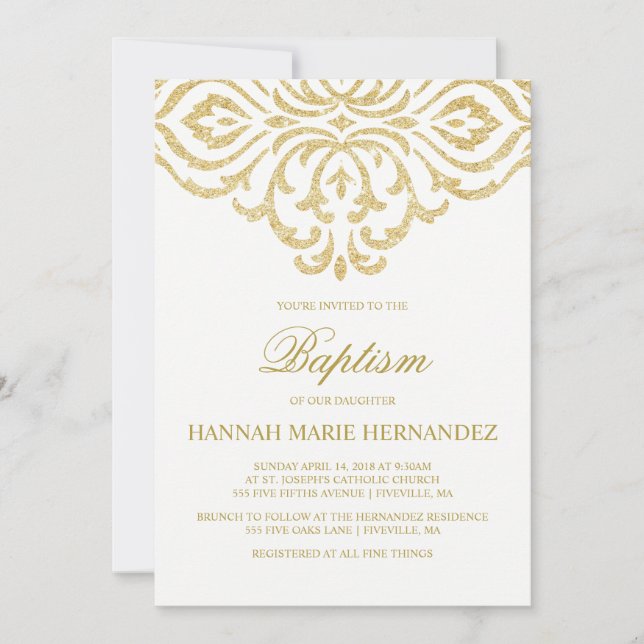 Gold Glitter Damask Baptism Invitation (Front)