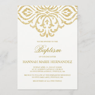 Gold Glitter Damask Baptism Invitation