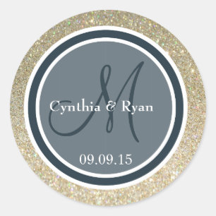 Gold Glitter & Dark Blue Wedding Monogram Classic Round Sticker