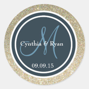 Gold Glitter & Dark Blue Wedding Monogram Seal