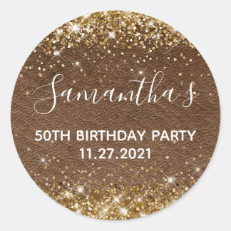 Gold Glitter Dark Brown Leather 50th Birthday Classic Round Sticker