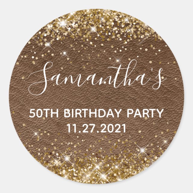 Gold Glitter Dark Brown Leather 50th Birthday Classic Round Sticker (Front)