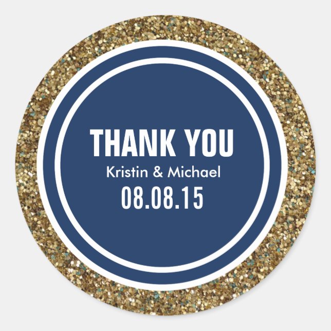 Gold Glitter Dark Navy Blue Custom Thank You Label (Front)