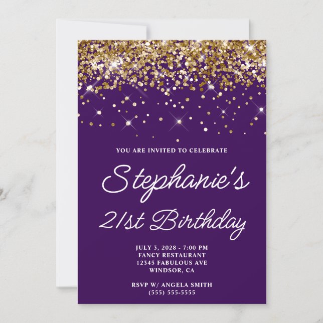 Gold Glitter Dark Purple 21st Birthday Invitation (Front)