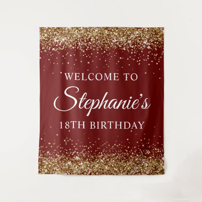 Gold Glitter Dark Red 18th Birthday Party Welcome Tapestry (Front)