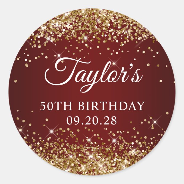Gold Glitter Dark Red 50th Birthday Classic Round Sticker (Front)