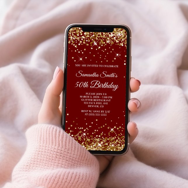 Gold Glitter Dark Red 50th Birthday Invitation (Gold Glitter Dark Red 50th Birthday Invitation)