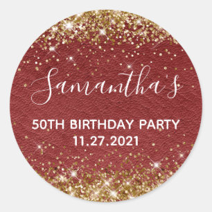 Gold Glitter Dark Red Leather 50th Birthday Party Classic Round Sticker