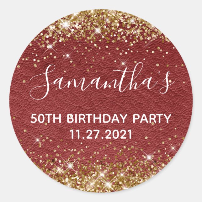 Gold Glitter Dark Red Leather 50th Birthday Party Classic Round Sticker (Front)